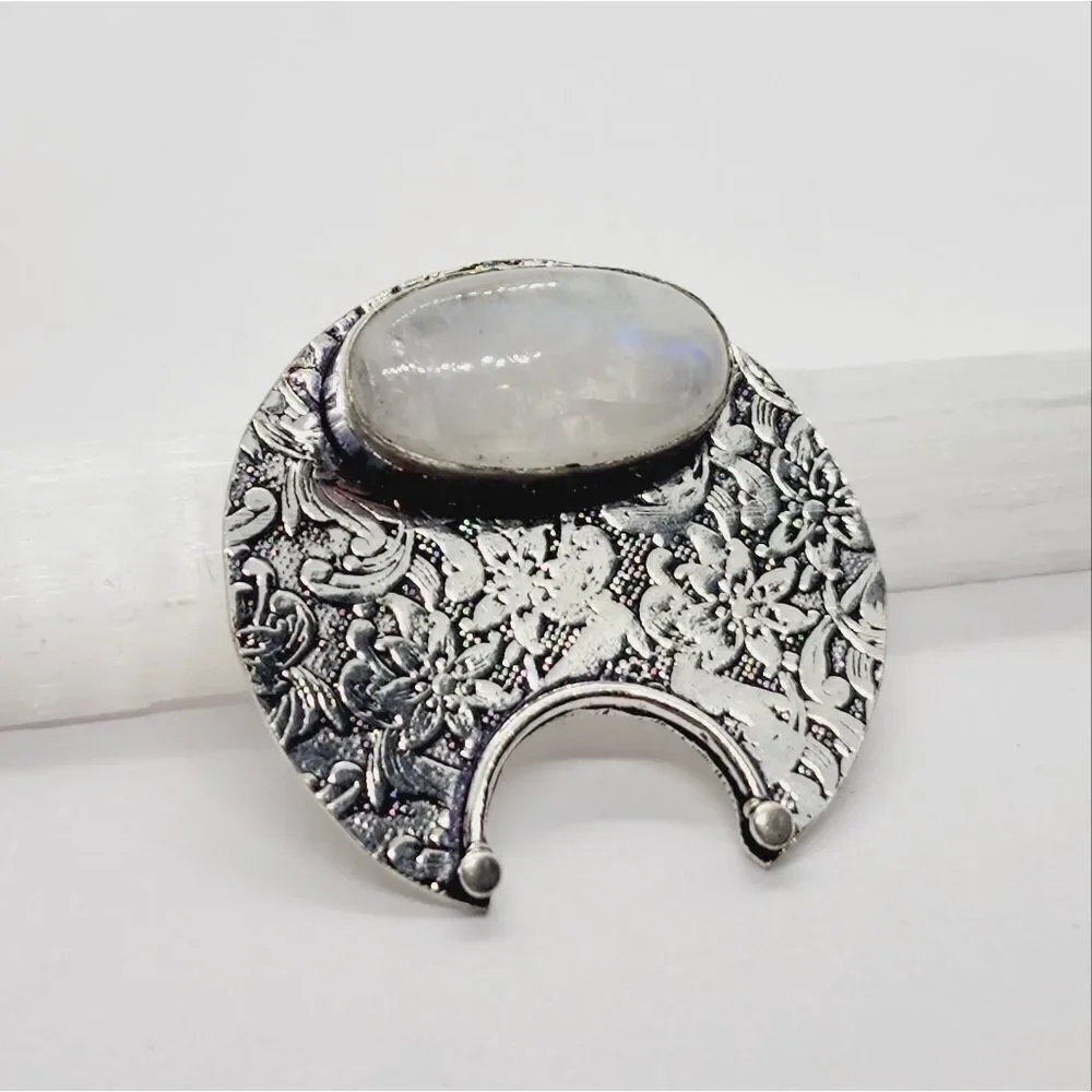 Rainbow Moonstone Sliver Plated Antique Style Pendant Size 1.4